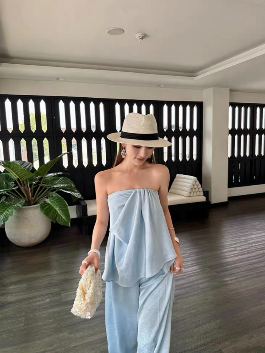 Falishia Crinkled Satin Tube Top and Pants (Top & bottoms sold seperately)