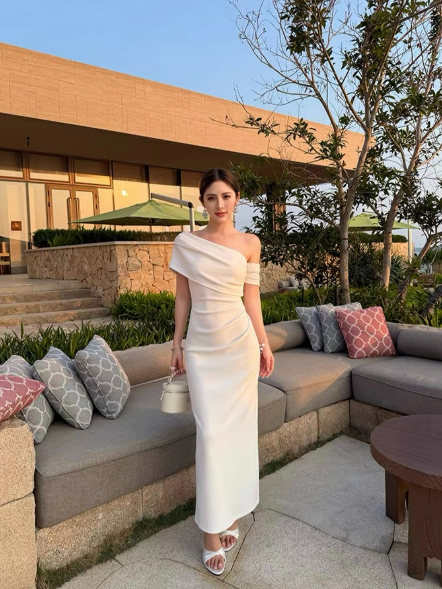 Frederika Asymmetric Shoulder Dinner Dress