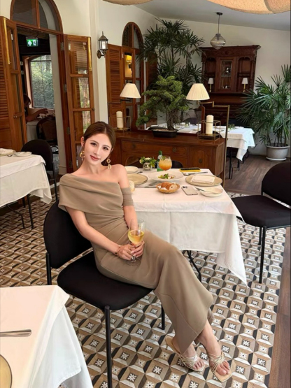 Frederika Asymmetric Shoulder Dinner Dress