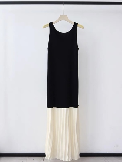 Elise Color Binding Pleated Patchwork Knit Dress-The Black Bow-