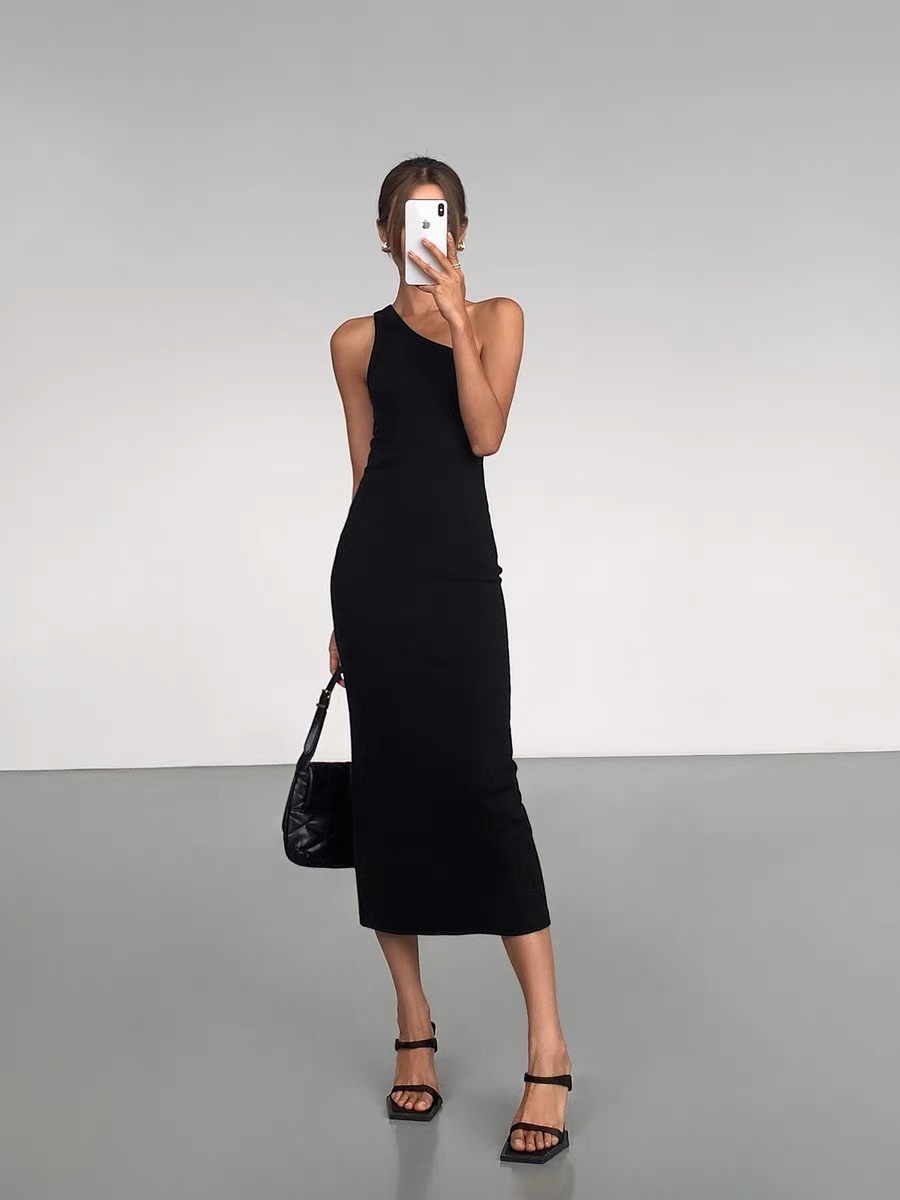 Vennie One Shoulder Back Slit Midi Dress-The Black Bow-