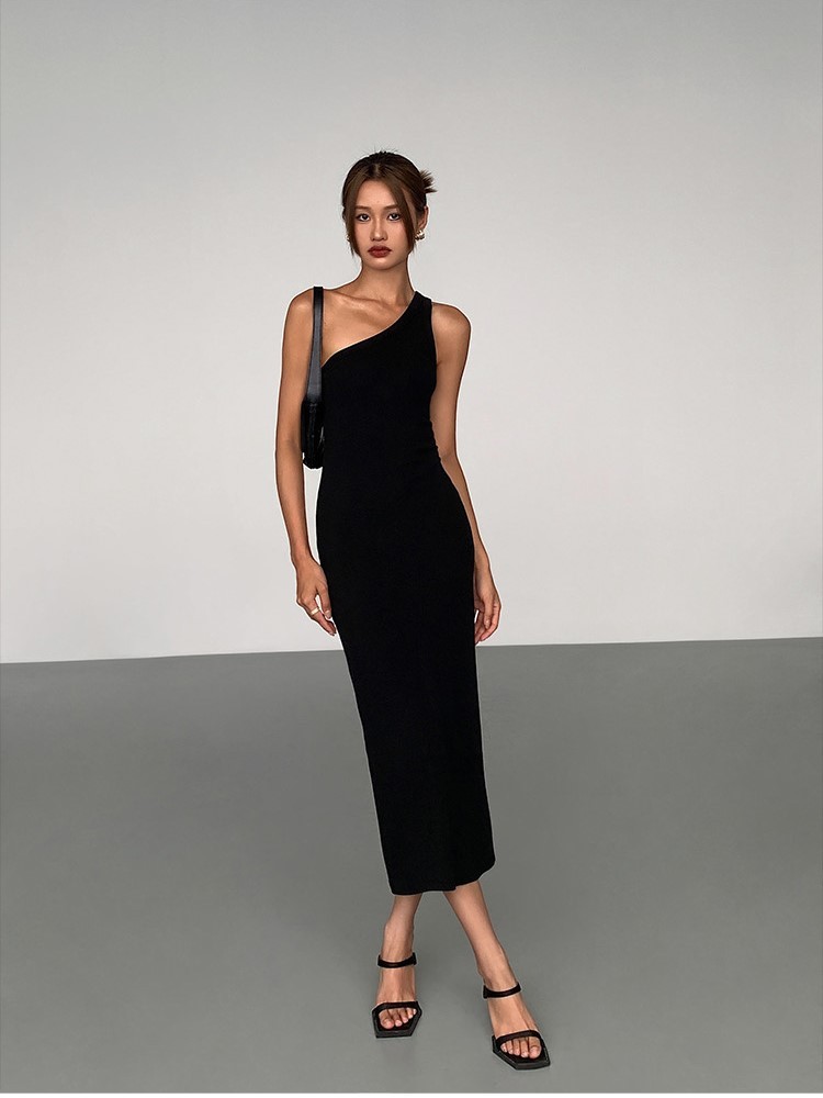 Vennie One Shoulder Back Slit Midi Dress-The Black Bow-
