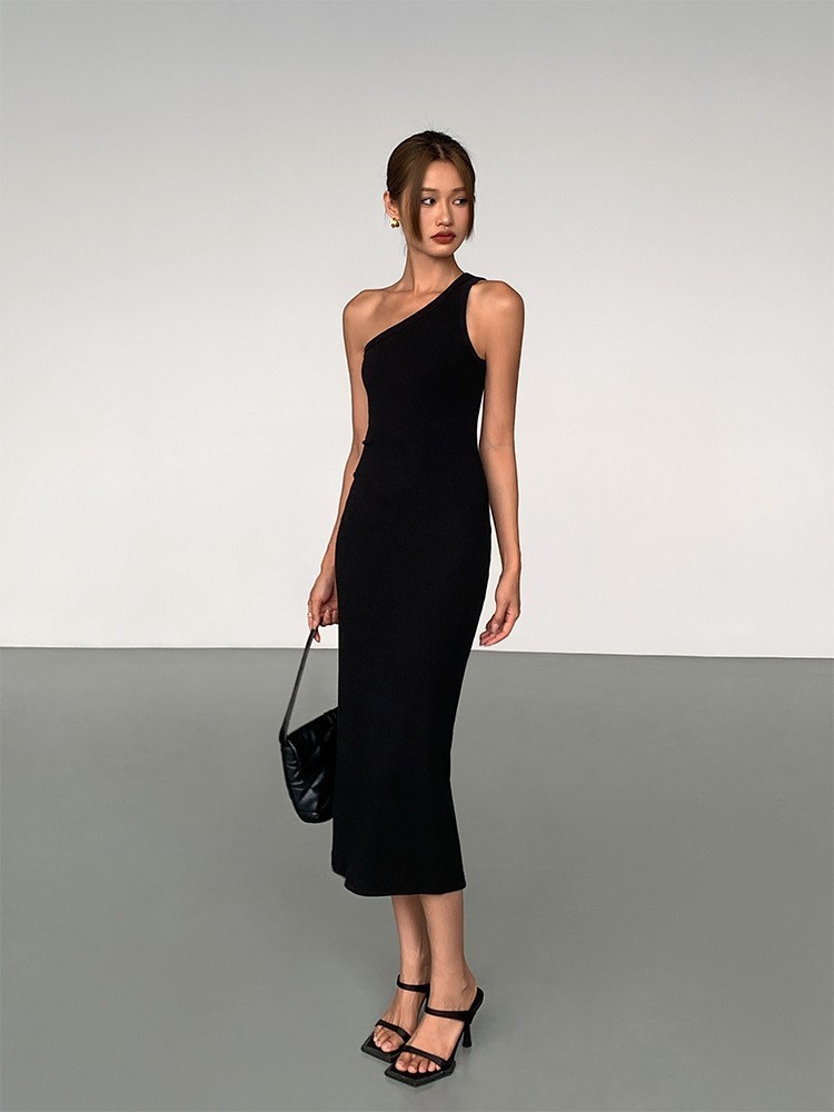 Vennie One Shoulder Back Slit Midi Dress-The Black Bow-