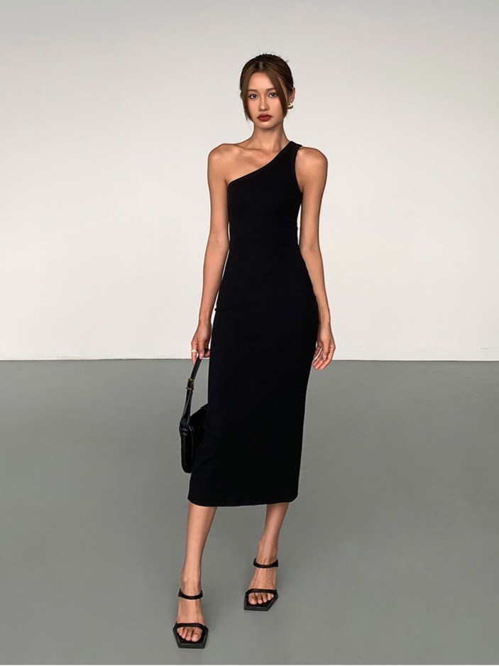 Vennie One Shoulder Back Slit Midi Dress-The Black Bow-
