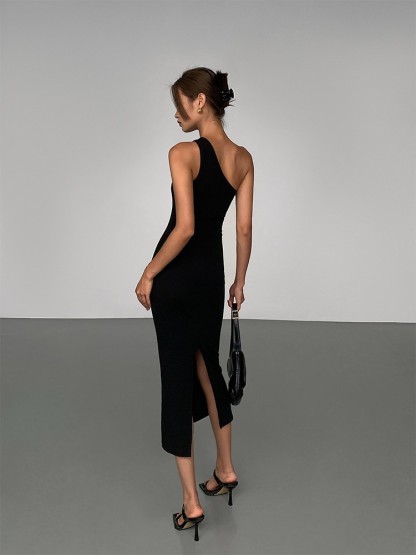 Vennie One Shoulder Back Slit Midi Dress-The Black Bow-