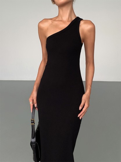 Vennie One Shoulder Back Slit Midi Dress-The Black Bow-