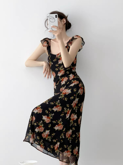 Nady Ruffle Collar Black Floral Dress-The Black Bow-