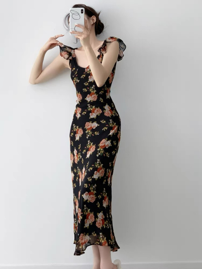 Nady Ruffle Collar Black Floral Dress-The Black Bow-