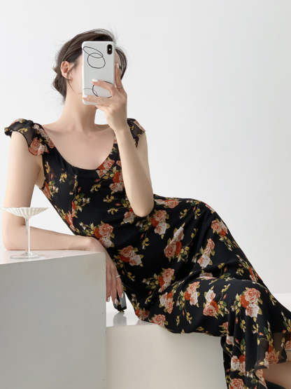 Nady Ruffle Collar Black Floral Dress-The Black Bow-