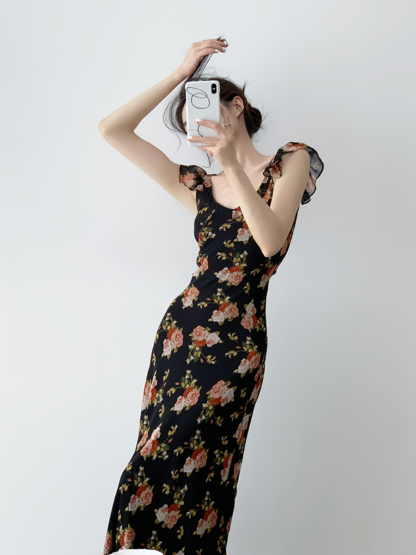 Nady Ruffle Collar Black Floral Dress-The Black Bow-