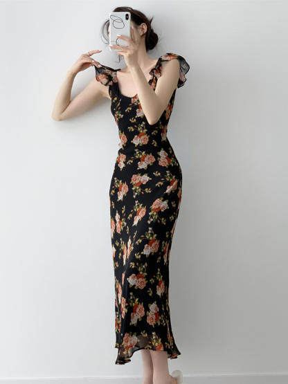 Nady Ruffle Collar Black Floral Dress-The Black Bow-