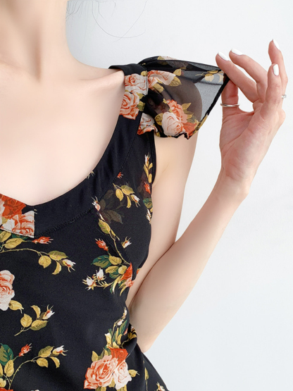 Nady Ruffle Collar Black Floral Dress-The Black Bow-