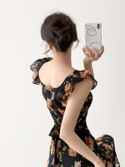 Nady Ruffle Collar Black Floral Dress-The Black Bow-