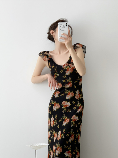 Nady Ruffle Collar Black Floral Dress-The Black Bow-