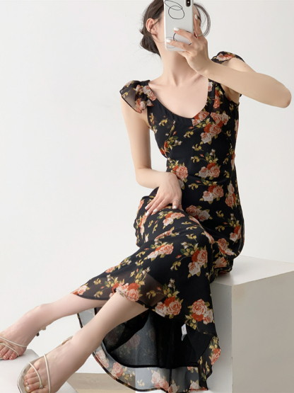 Nady Ruffle Collar Black Floral Dress-The Black Bow-