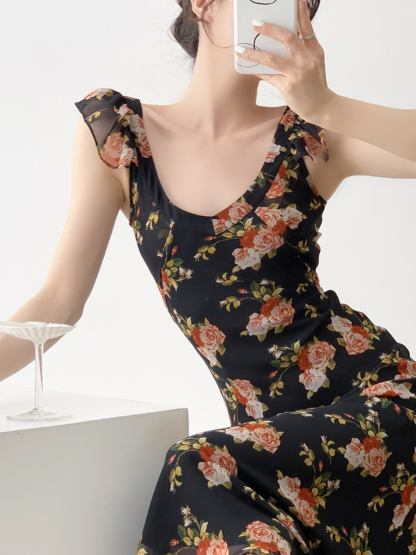 Nady Ruffle Collar Black Floral Dress-The Black Bow-