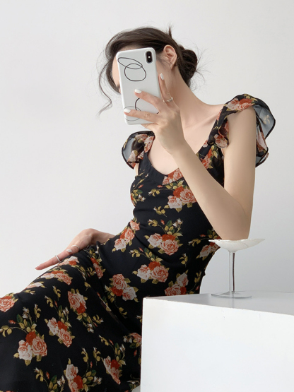 Nady Ruffle Collar Black Floral Dress-The Black Bow-