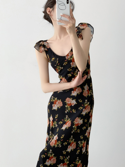 Nady Ruffle Collar Black Floral Dress-The Black Bow-