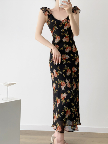 Nady Ruffle Collar Black Floral Dress-The Black Bow-