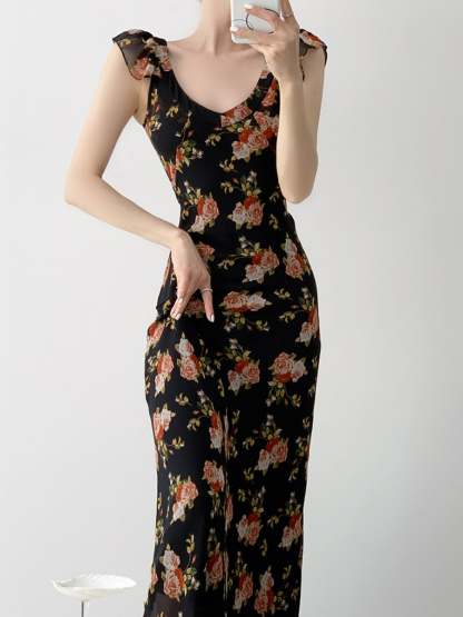 Nady Ruffle Collar Black Floral Dress-The Black Bow-
