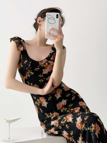 Nady Ruffle Collar Black Floral Dress-The Black Bow-