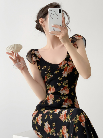 Nady Ruffle Collar Black Floral Dress-The Black Bow-