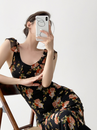 Nady Ruffle Collar Black Floral Dress-The Black Bow-