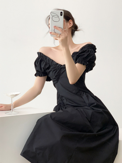Neyle Puff Sleeve Off Shoulder Dress-The Black Bow-