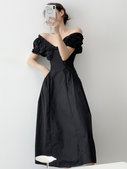 Neyle Puff Sleeve Off Shoulder Dress-The Black Bow-