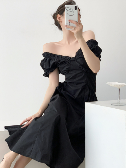 Neyle Puff Sleeve Off Shoulder Dress-The Black Bow-