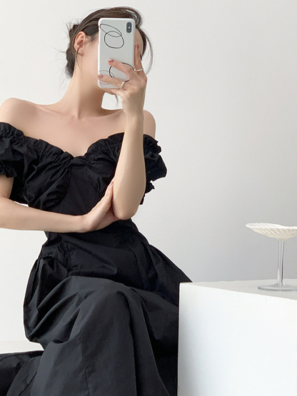 Neyle Puff Sleeve Off Shoulder Dress-The Black Bow-