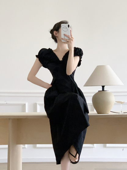 Neyle Puff Sleeve Off Shoulder Dress-The Black Bow-