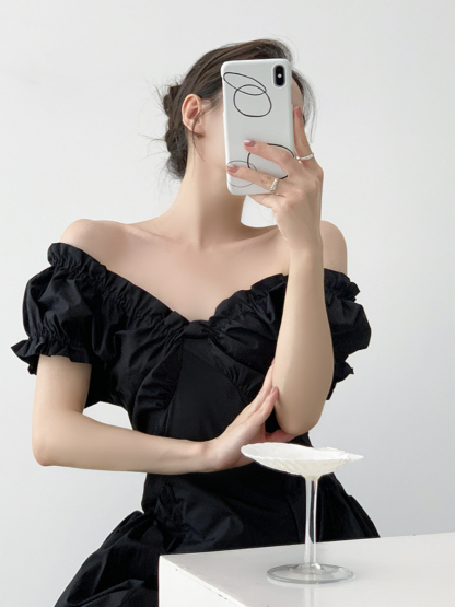 Neyle Puff Sleeve Off Shoulder Dress-The Black Bow-