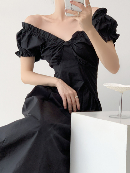 Neyle Puff Sleeve Off Shoulder Dress-The Black Bow-