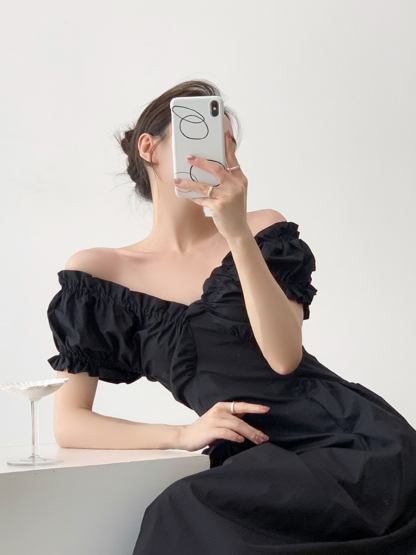 Neyle Puff Sleeve Off Shoulder Dress-The Black Bow-