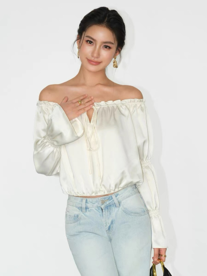 Jesse Off Shoulder Satin Top-The Black Bow-