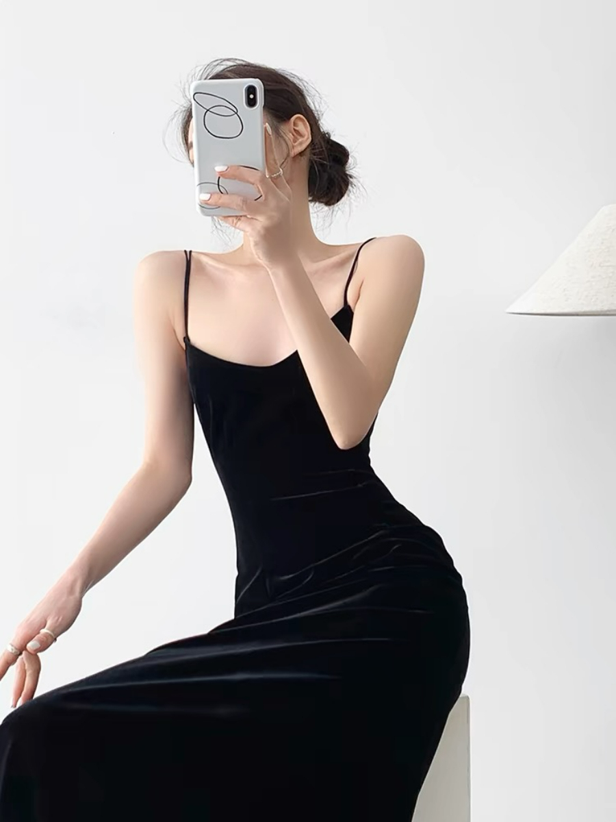 Nichelle Velvet Strap Dress-The Black Bow-