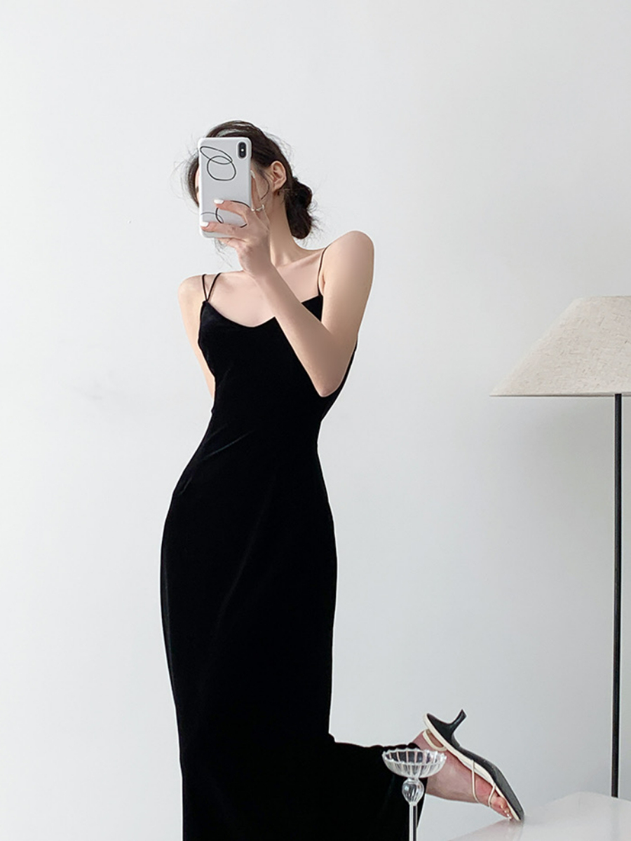 Nichelle Velvet Strap Dress-The Black Bow-