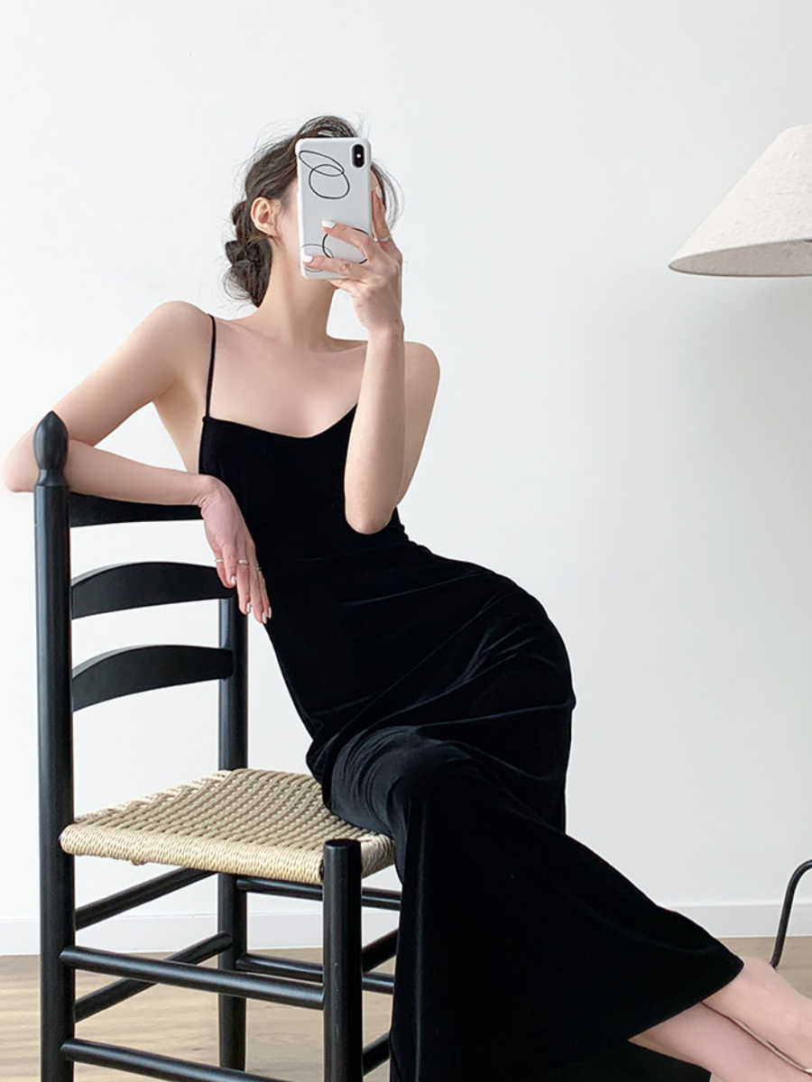 Nichelle Velvet Strap Dress-The Black Bow-