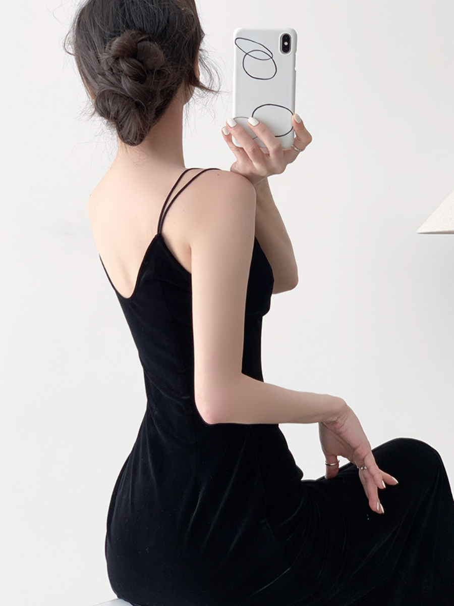 Nichelle Velvet Strap Dress-The Black Bow-