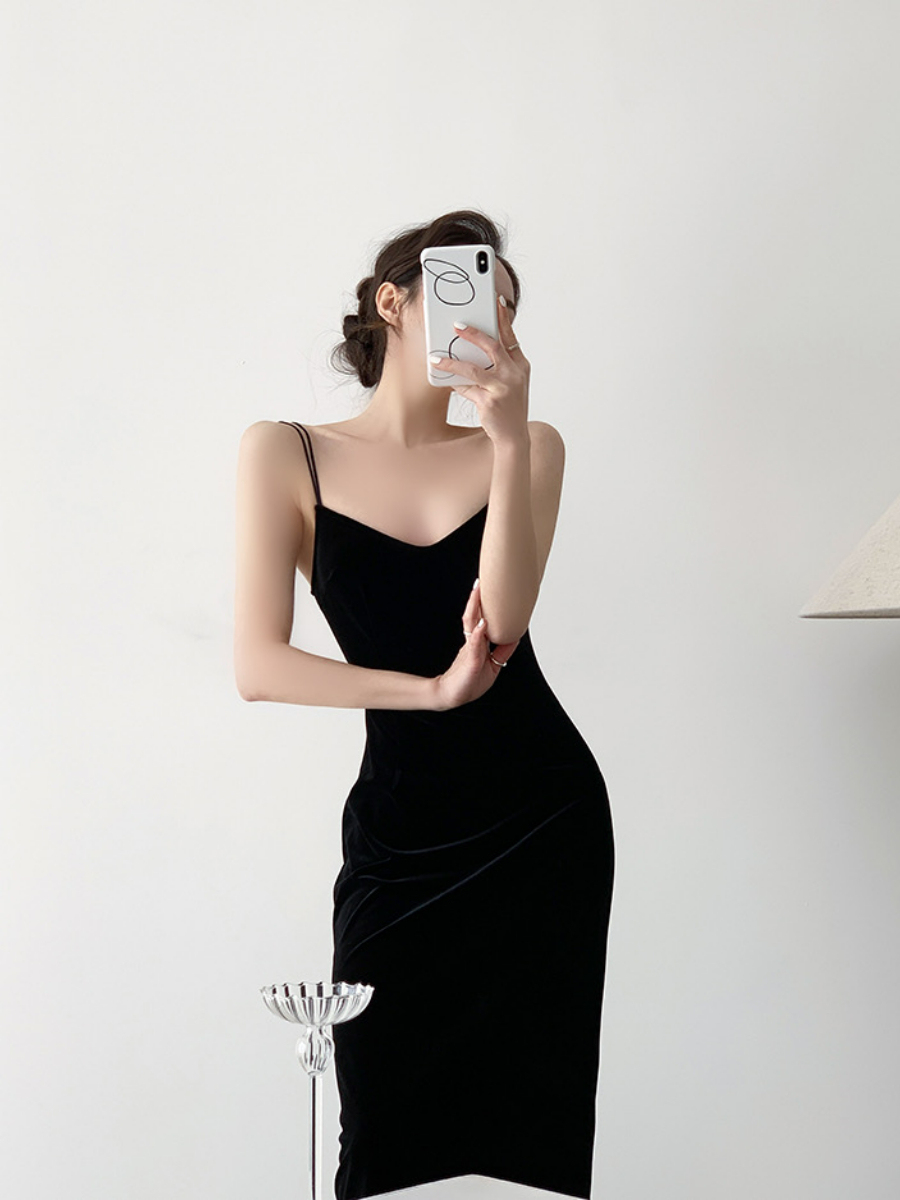 Nichelle Velvet Strap Dress-The Black Bow-