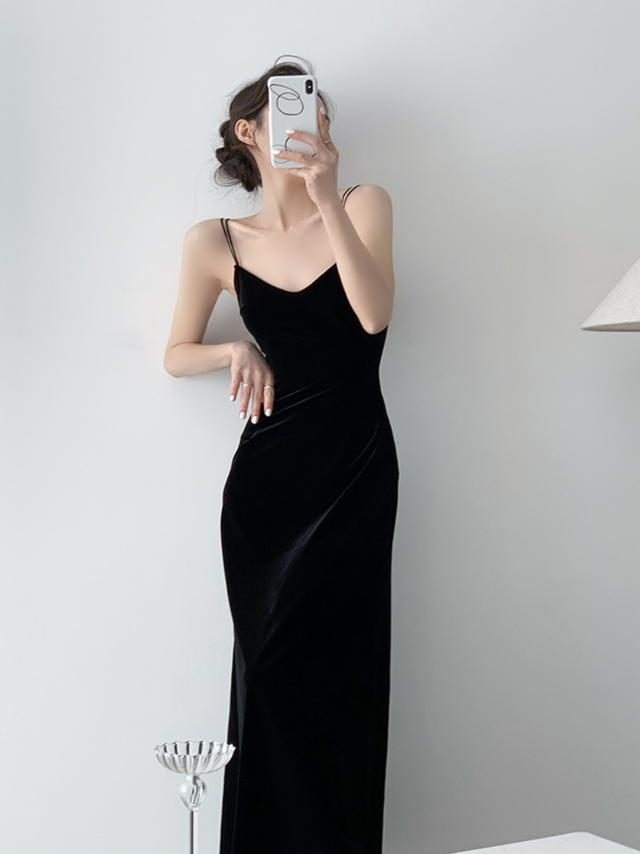 Nichelle Velvet Strap Dress-The Black Bow-