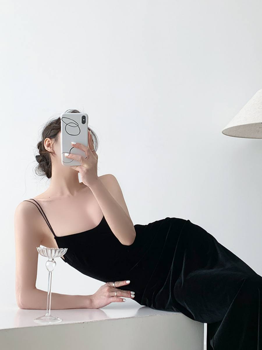 Nichelle Velvet Strap Dress-The Black Bow-