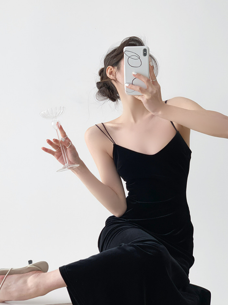 Nichelle Velvet Strap Dress-The Black Bow-