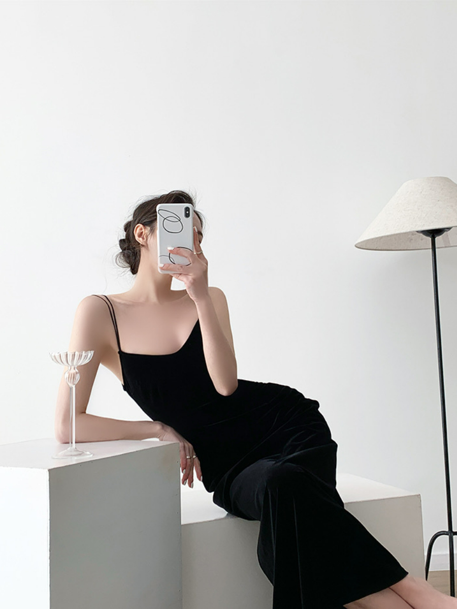 Nichelle Velvet Strap Dress-The Black Bow-