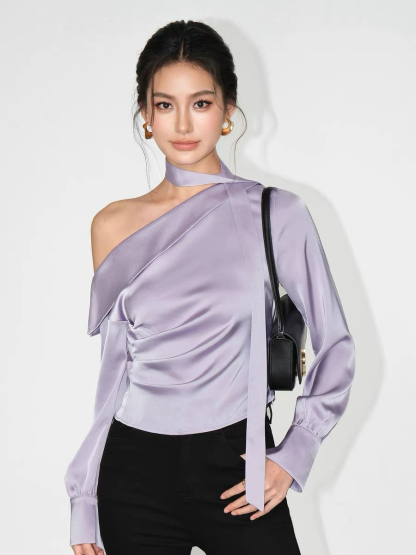 Weslyn One Shoulder Satin Top with Neck Tie-The Black Bow-