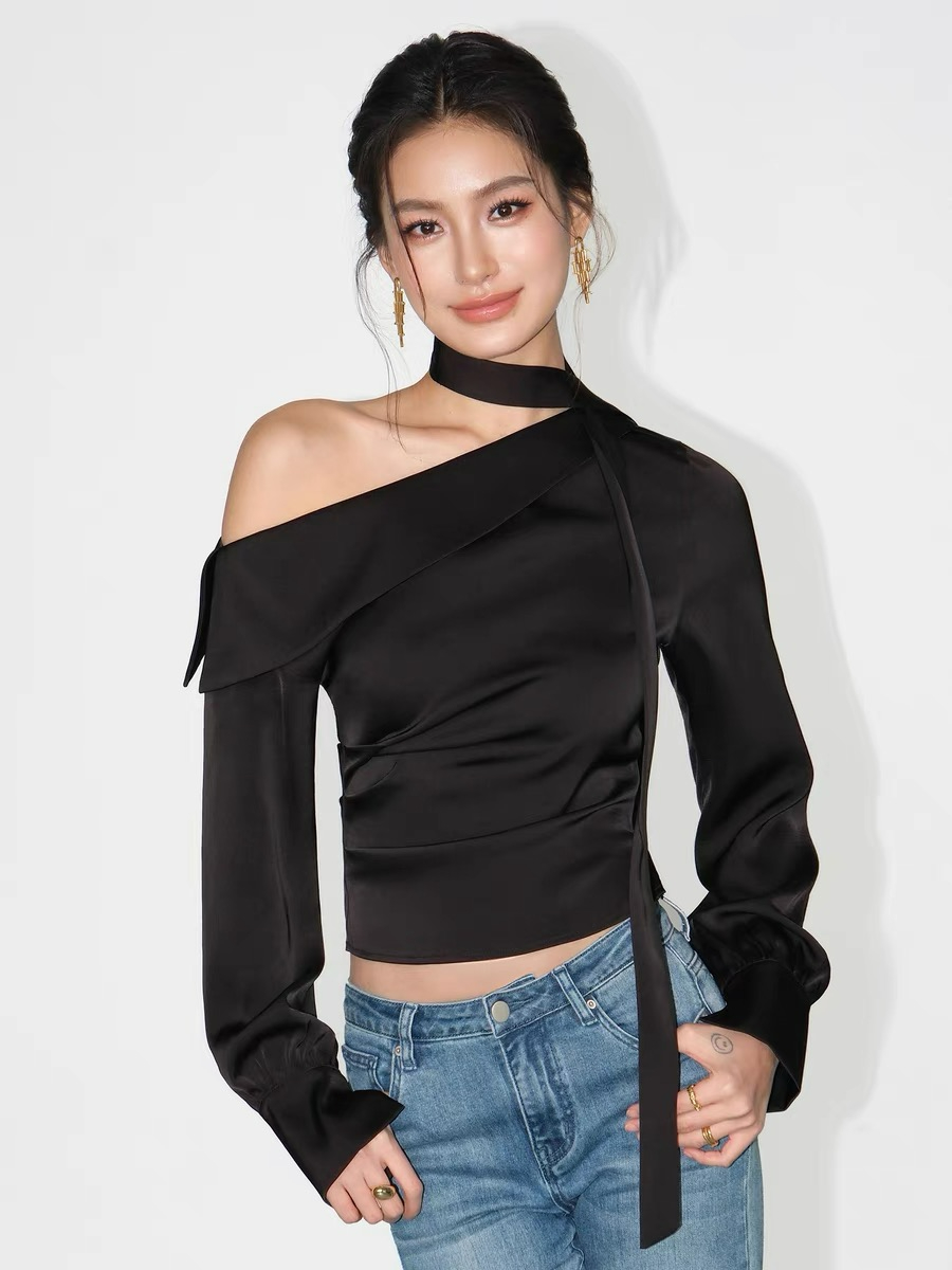 Weslyn One Shoulder Satin Top with Neck Tie-The Black Bow-