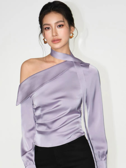 Weslyn One Shoulder Satin Top with Neck Tie-The Black Bow-