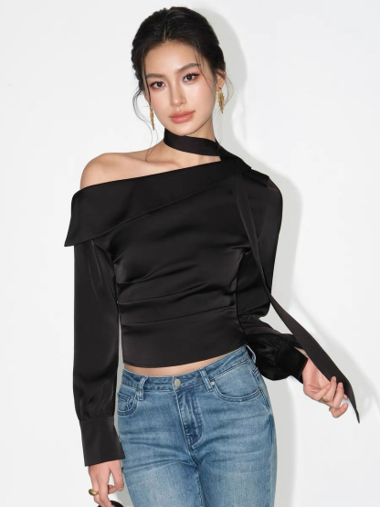 Weslyn One Shoulder Satin Top with Neck Tie-The Black Bow-