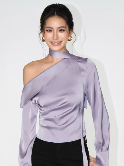 Weslyn One Shoulder Satin Top with Neck Tie-The Black Bow-